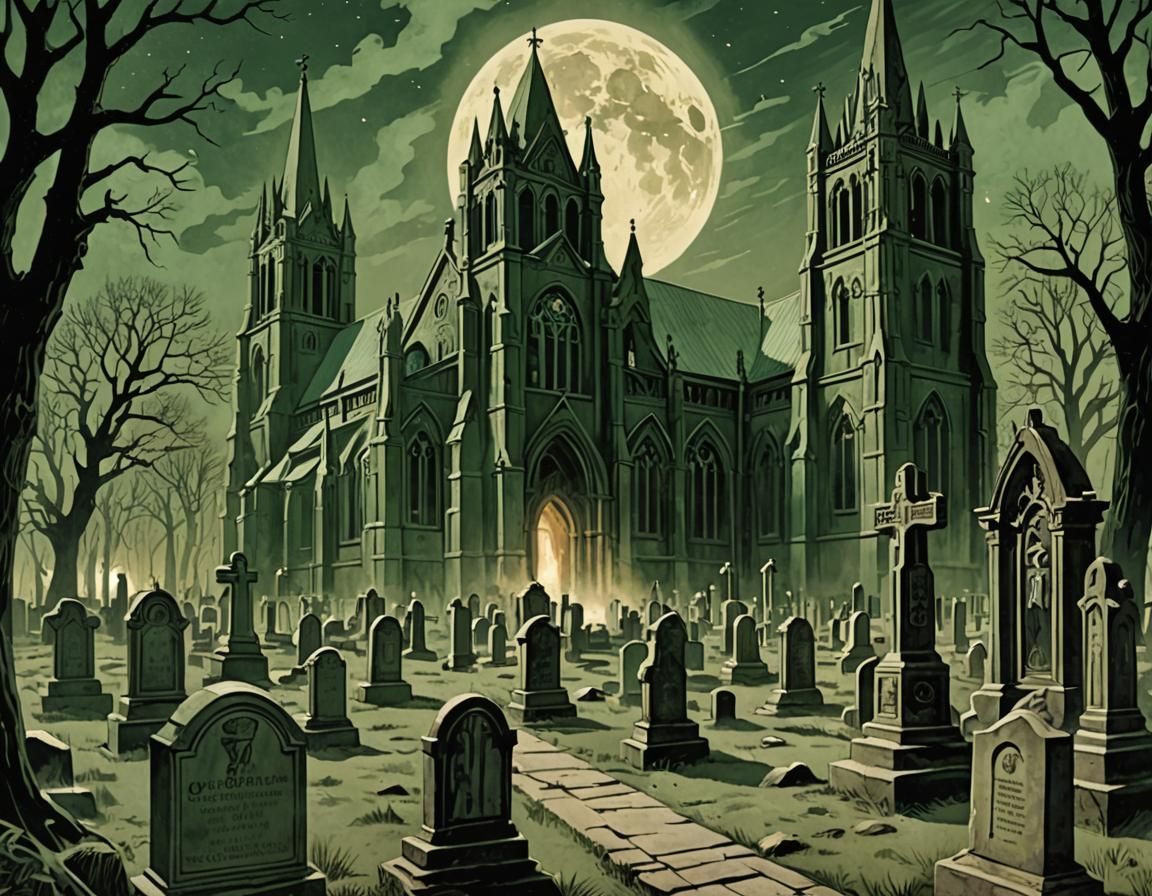 Vintage Graveyard Illustration in Pulp Magazine Style