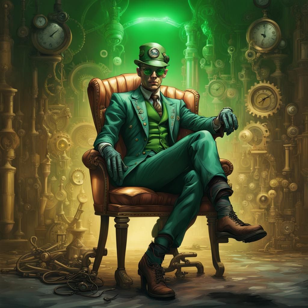 Hyperrealistic Riddler on Chair with Steampunk Engine