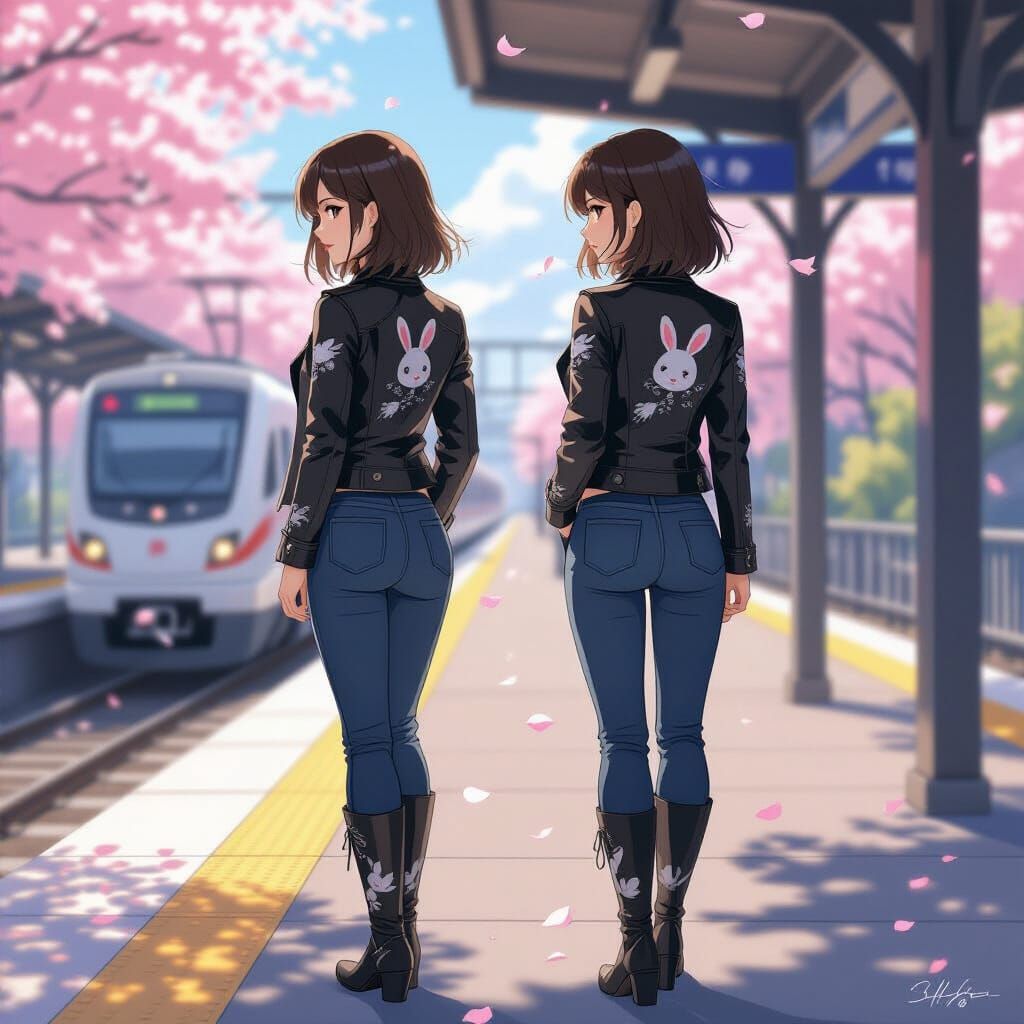 Woman on Train Platform with Cherry Blossoms