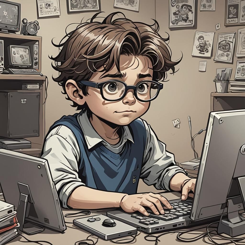 Cartoon Whiz Kid Playing Computer Games