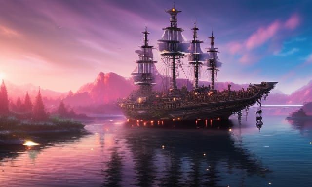 Futuristic Ship Floating on Water in Anime Style