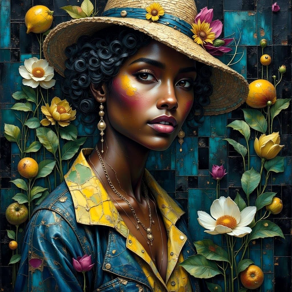 Stylish Woman in Gold Light, Mixed Media Portrait