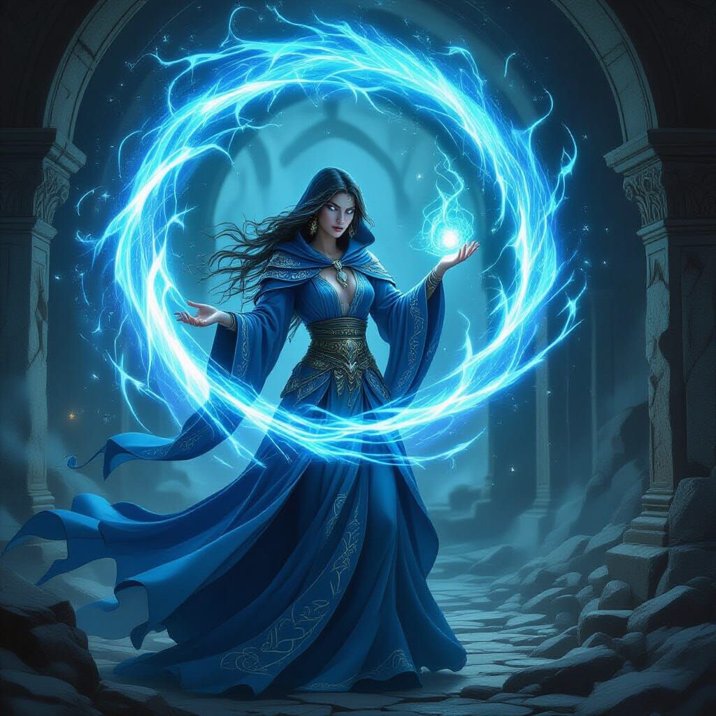 Mystical Sorceress Conjures Elemental Vortex in Ancient Ruin...