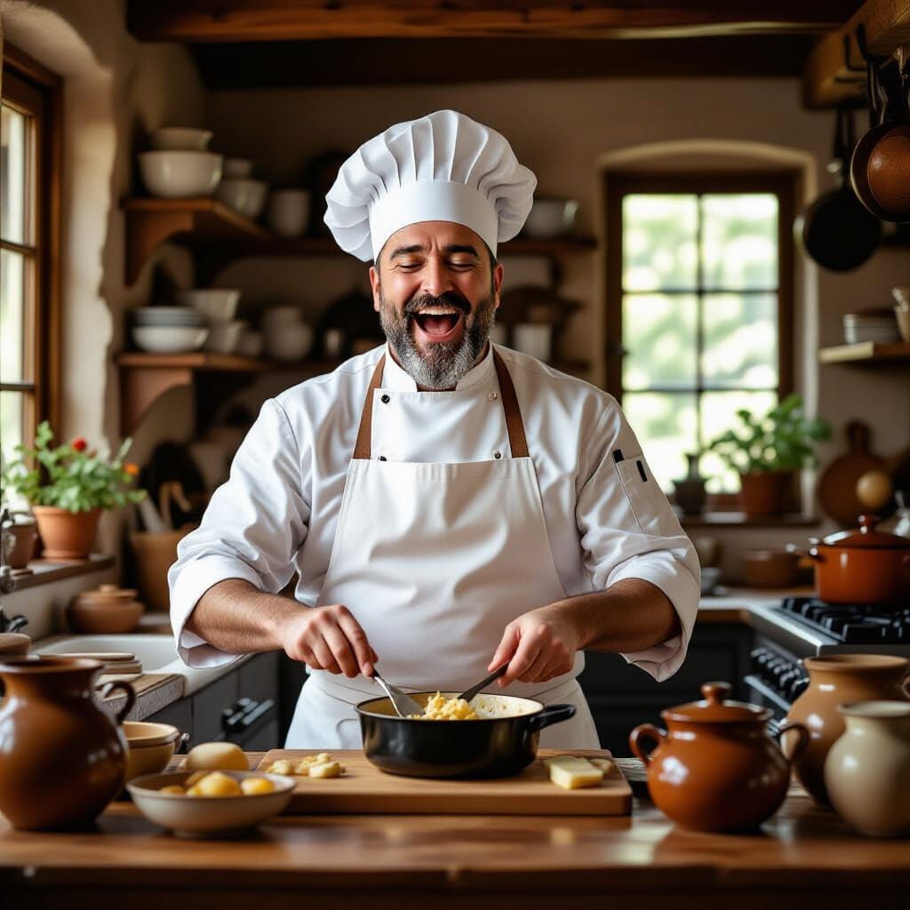 Chef Singing in a Romantic Rustic Kitchen