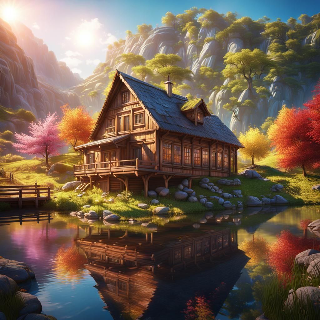 Sunlit House by Lake in Colorful Valley
