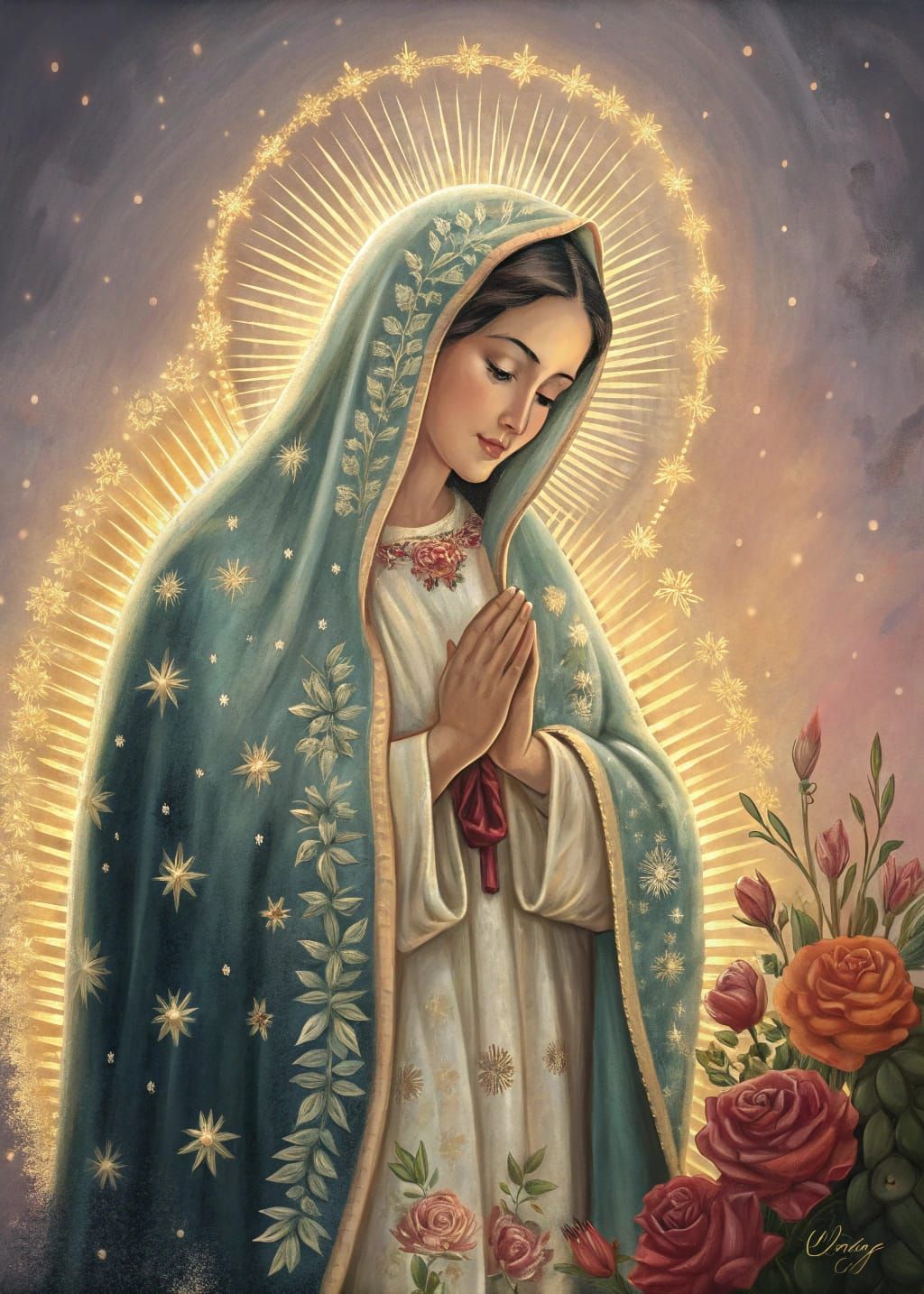 Virgin of Guadalupe in Majestic, Embroidered Mantle with Sta...