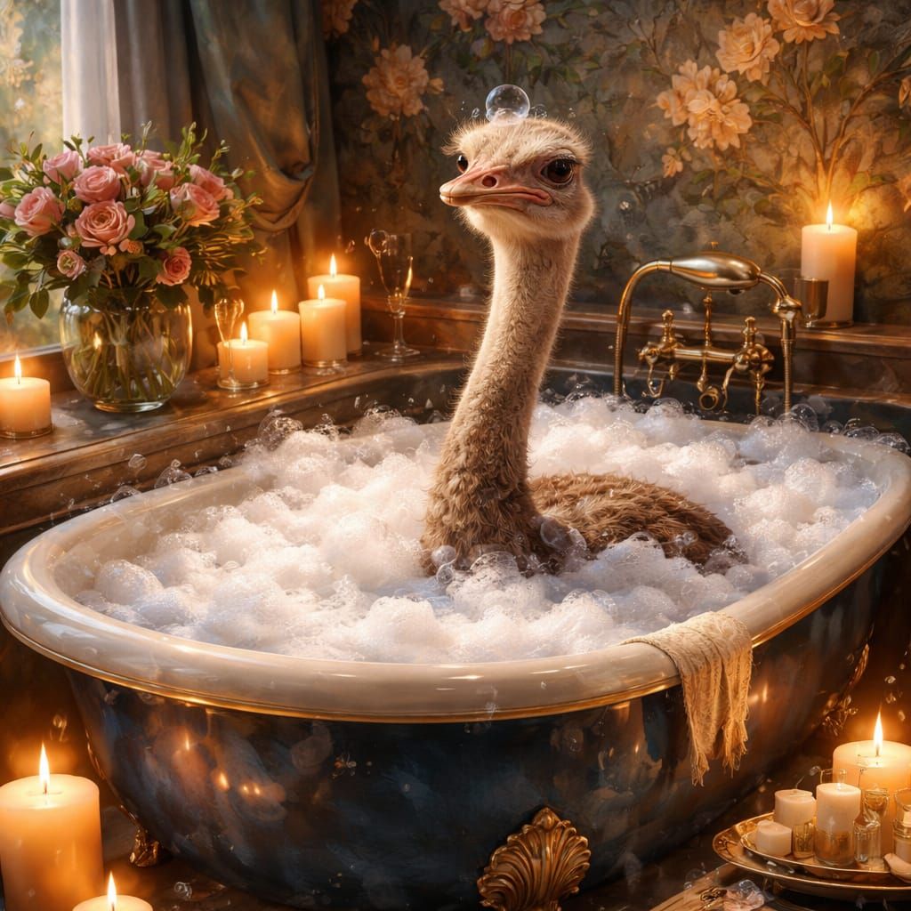 Ostrich Relaxing in a Bubble Bath