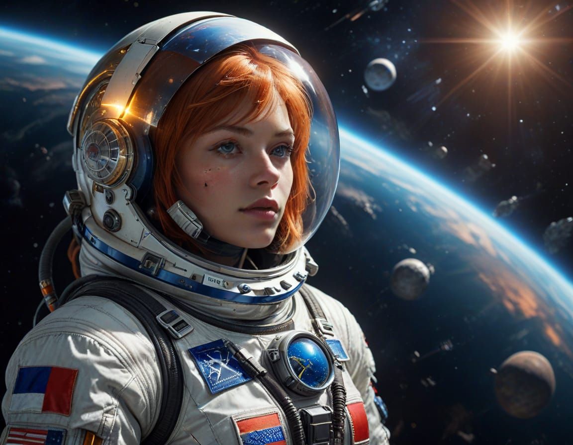 Russian Cosmonaut in Futuristic Spacesuit with Golden Lighti...