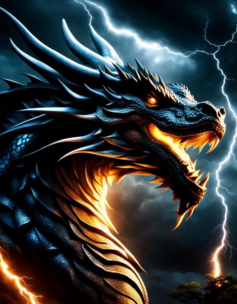 Dramatic Black Dragon in Lightning Storm