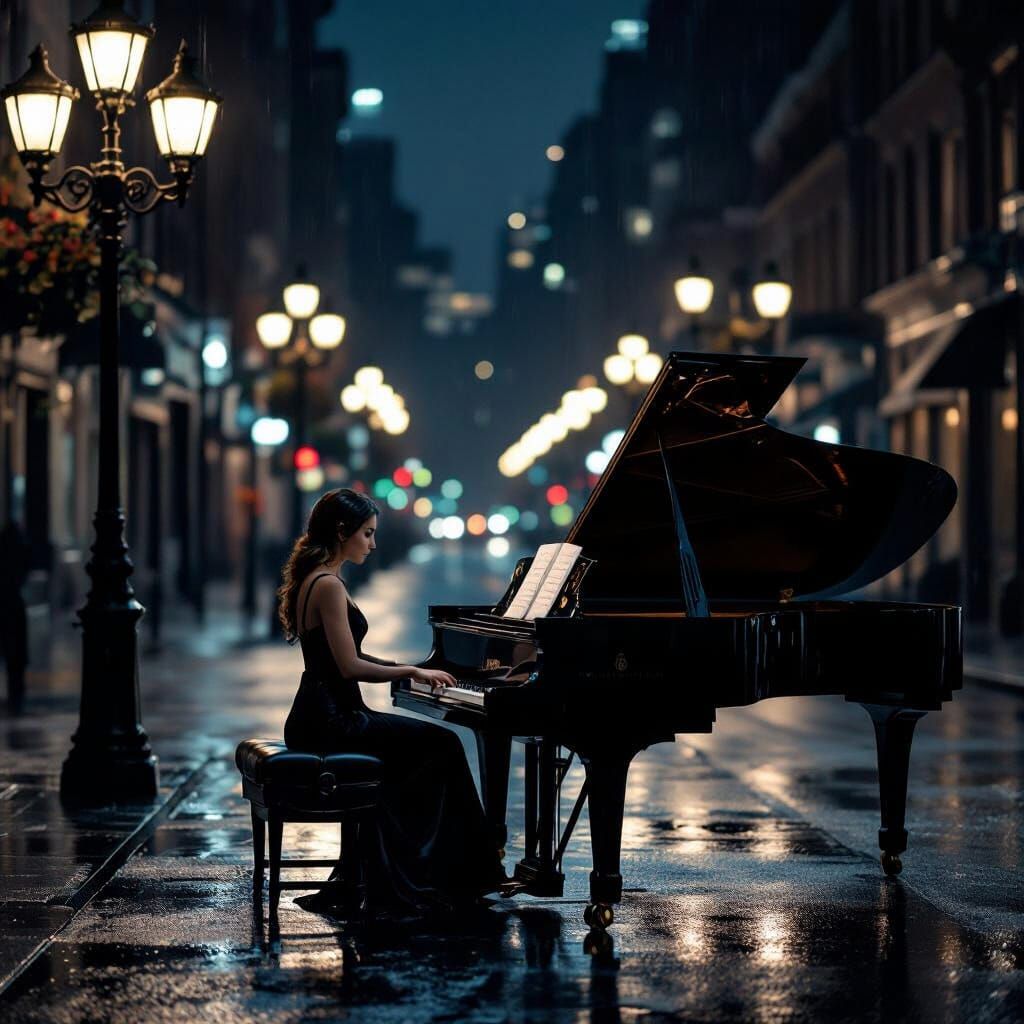 Lonely Pianist in Noir Cityscape
