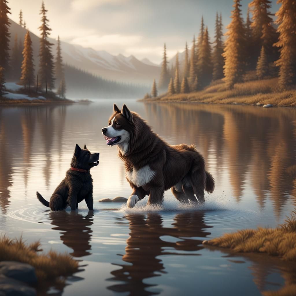 Husky Cross Puppy and Newfoundland Dog in Lake