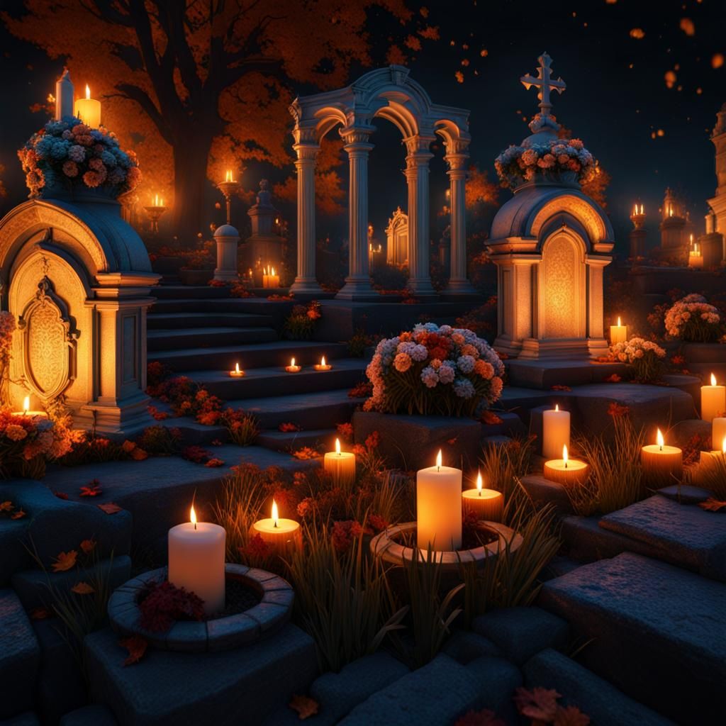 Dreamlike Cemetery at Night in Oil Painting Style