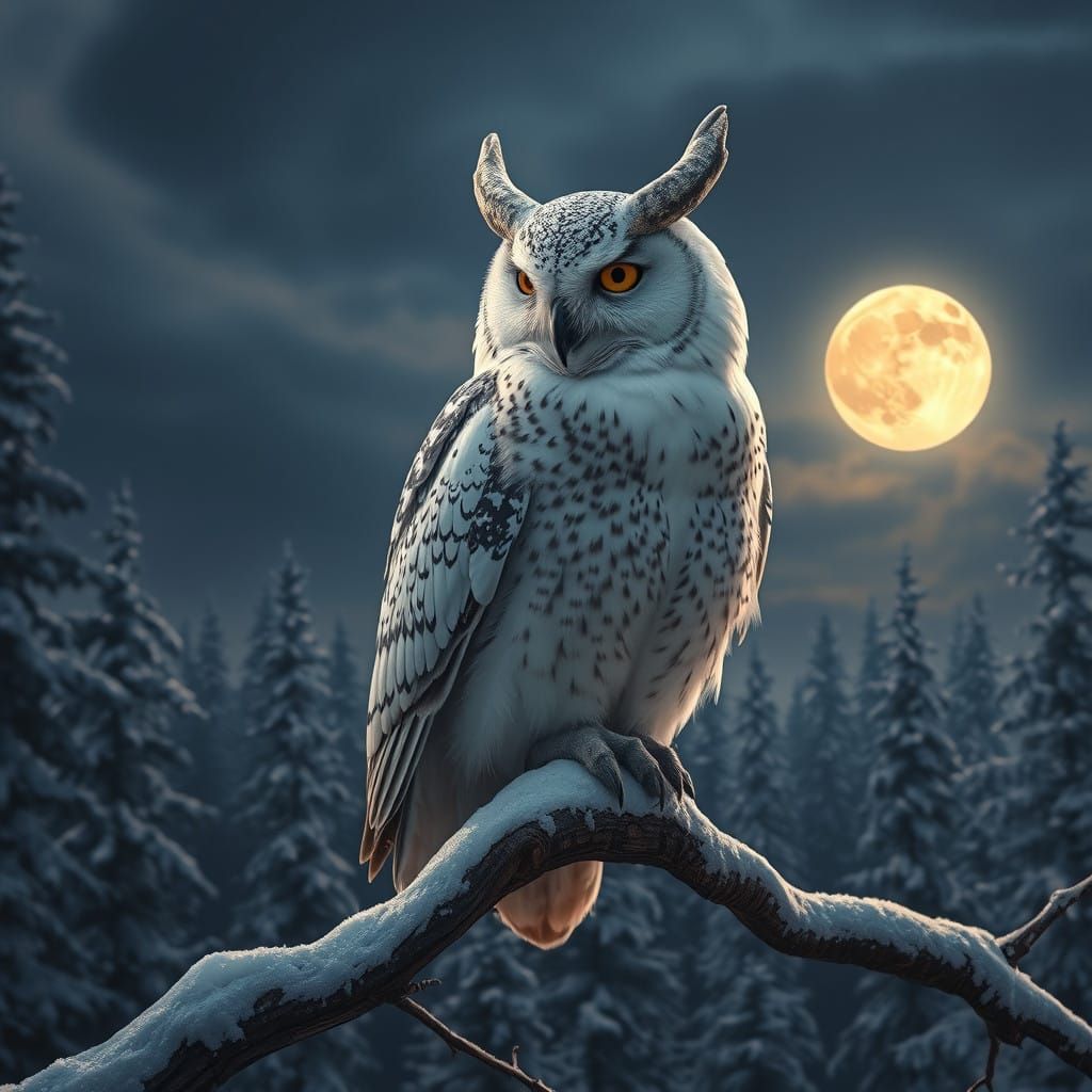 Majestic White Horned Owl in a Fantasy Nighttime Forest
