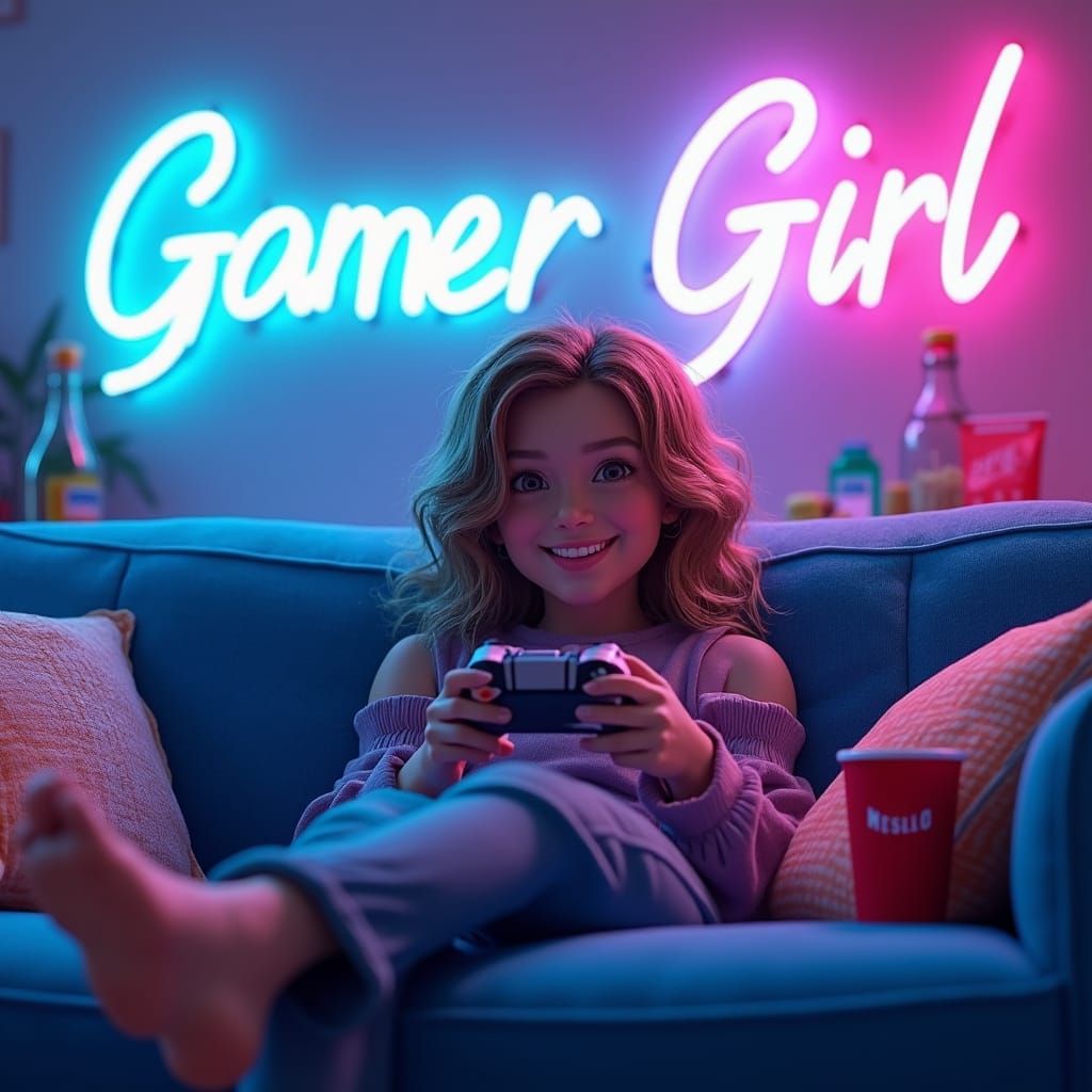 Gamer Girl in Vibrant Neon Concept Art