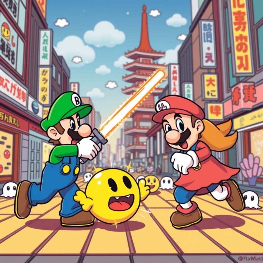Mario and Luigi Attack Pacman in Sanrio Style