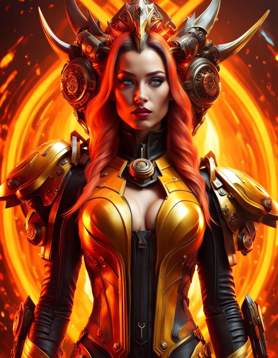 Magnificent beautiful gorgeous queen of fire, cyberpunk, red, orange, yellow, and gold color palette. (Full body portrai...