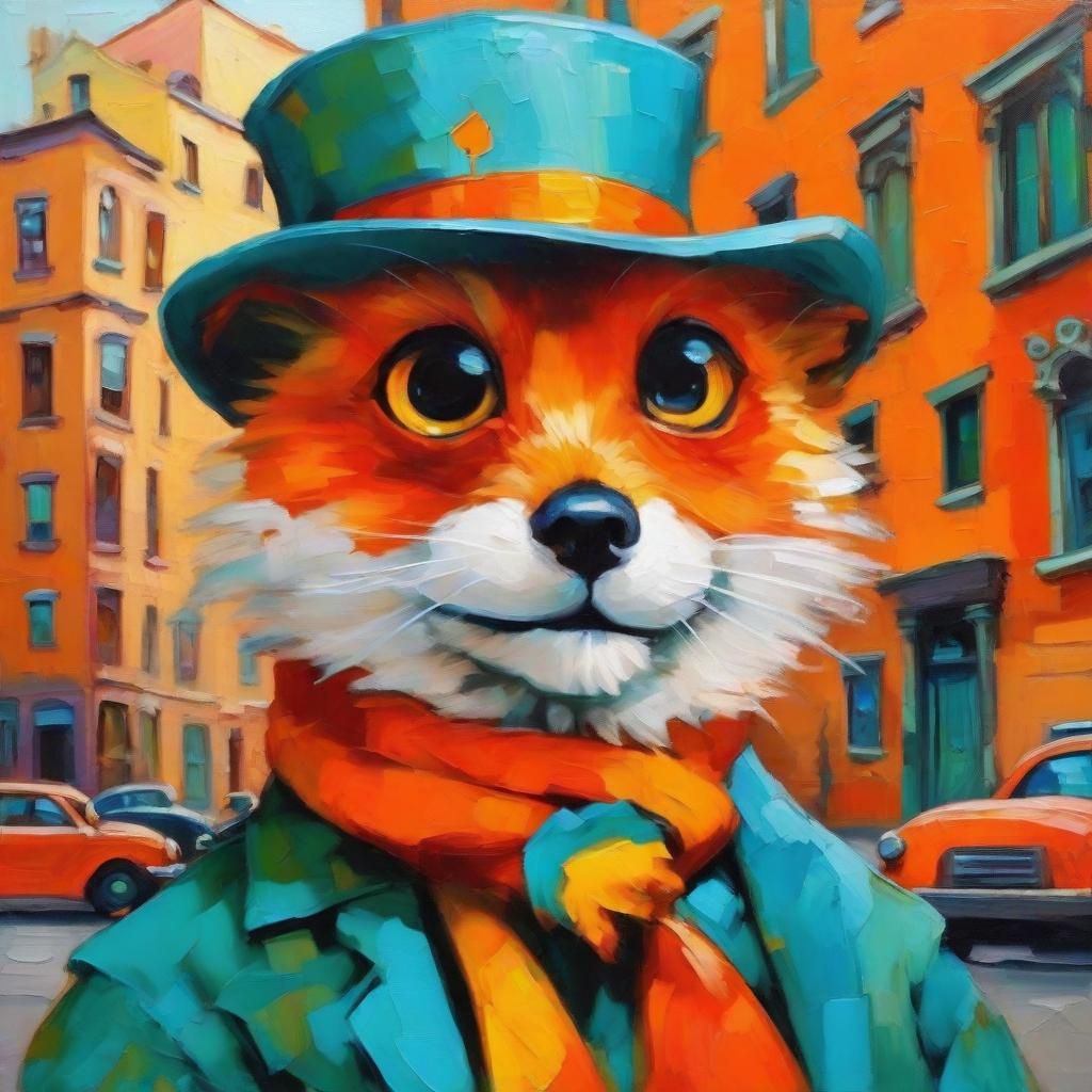 Adorable Orange Monster in Hat: Renaissance Cubism Oil Paint...