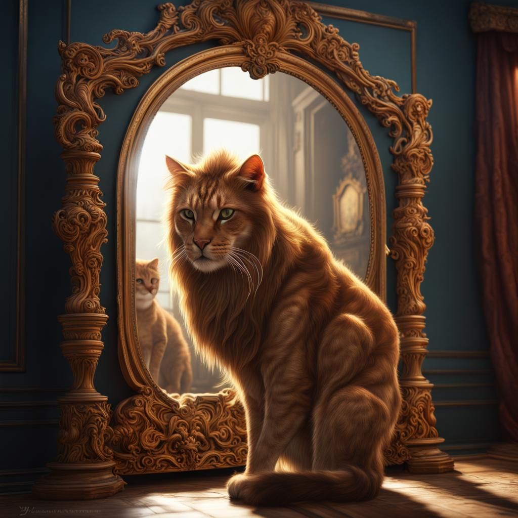 Cat's Reflection: A Lion in Fantasy Concept Art