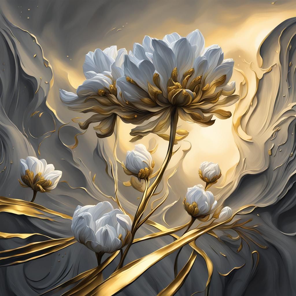 White Flowers with Gold Accents Impasto Painting