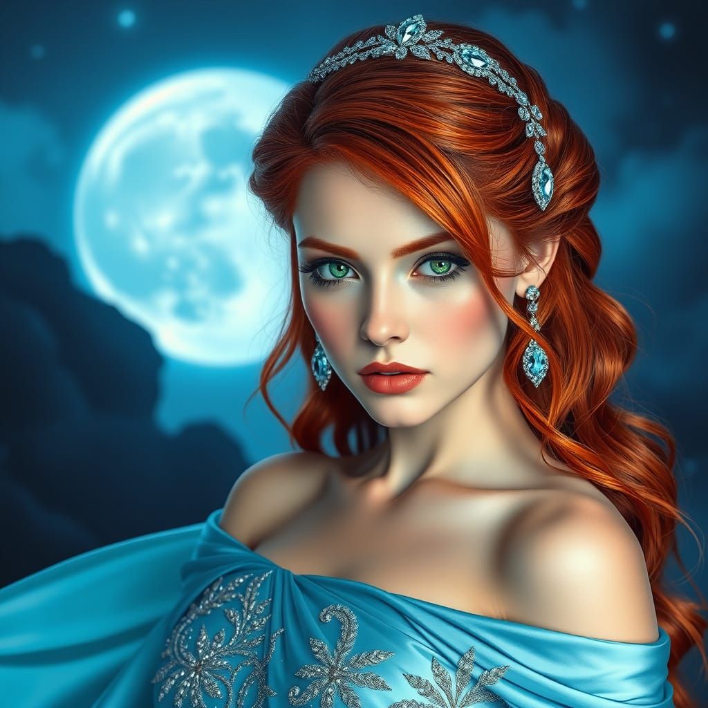 Ethereal Redhead Goddess Under Blue Moonlight