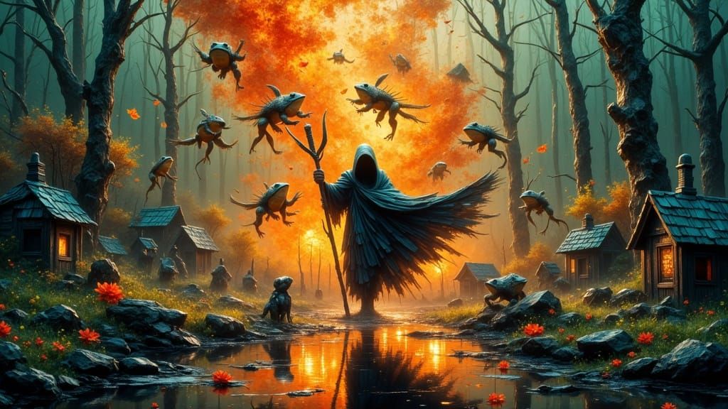 Mysterious Frog King Dances with Grim Reaper in a Neon-Lit D...