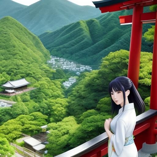 Japanese Girl in Shinto Shrine: Anime Style