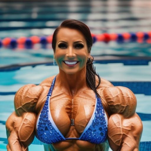 Mega Muscular Bodybuilder Mom in Pool Photo