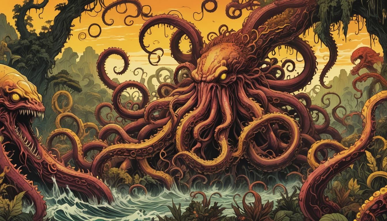 Kraken-Leviathan Horde Swarms Jungle in Junji Ito Style