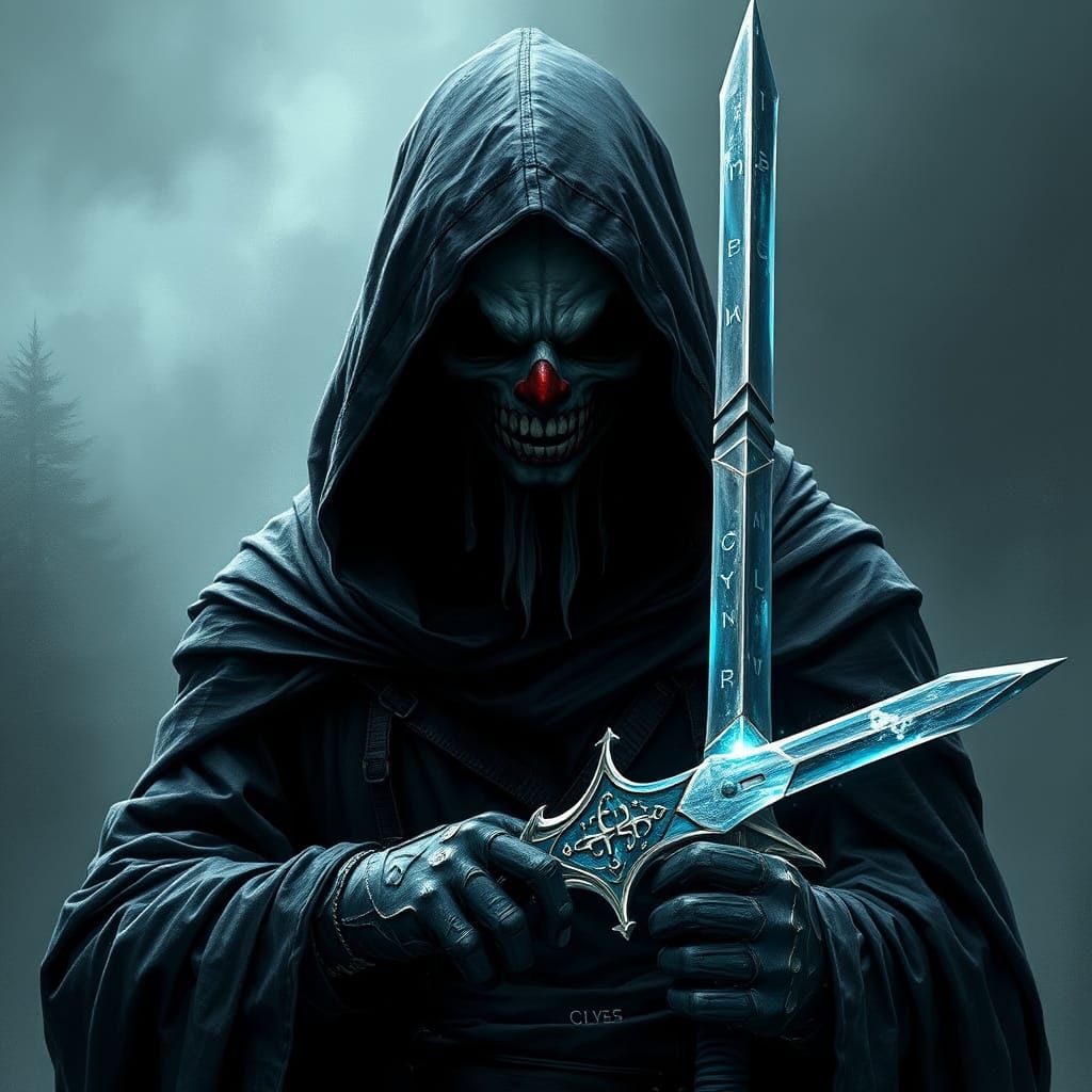 Gothic Warrior in Dark Robes, Hood, and Clown Mask, Holding ...