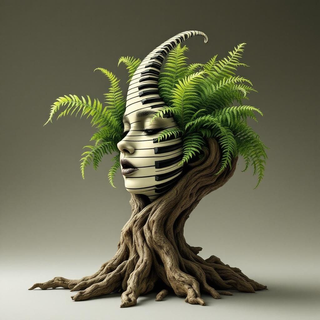 Surreal Piano Key Face Emerges from Fern
