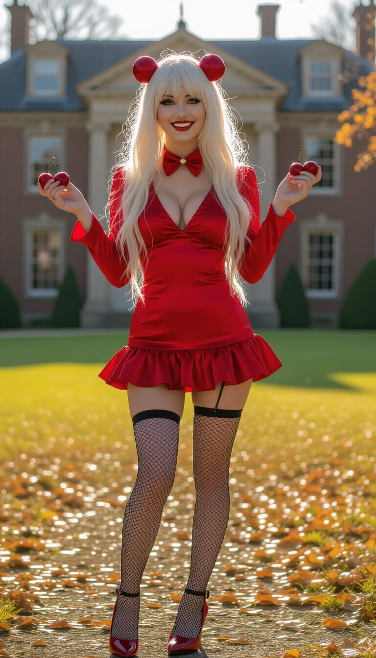 Naughty Clown Woman with Cherries in Autumn Sunlight
