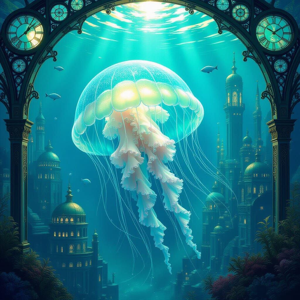 Bioluminescent Jellyfish in Underwater Steampunk City