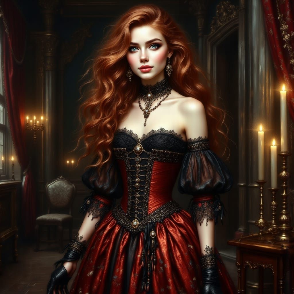 18th Century Noblewoman in Red Gown Inside Castle