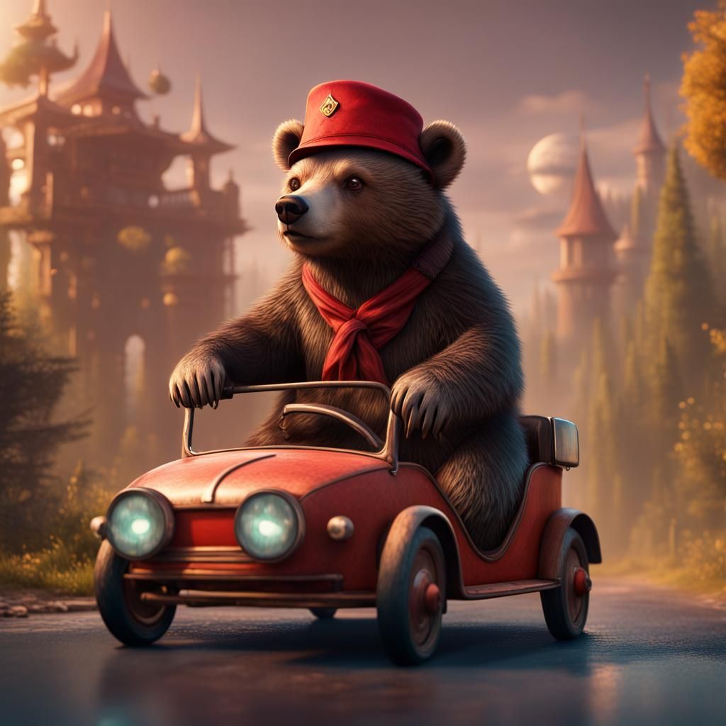 Bear wearing a Fez while driving a tiny car