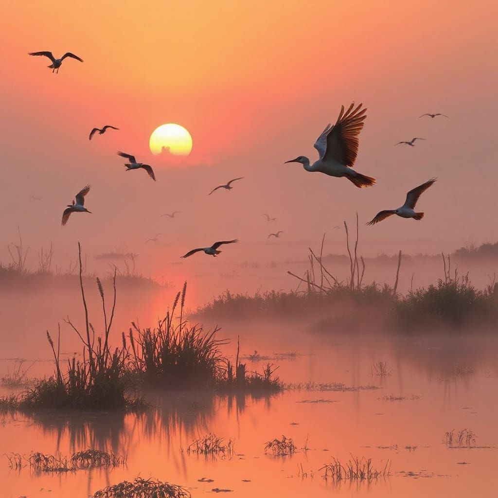 Misty Sunset Swamp with Birds: Dreamy Digital Art