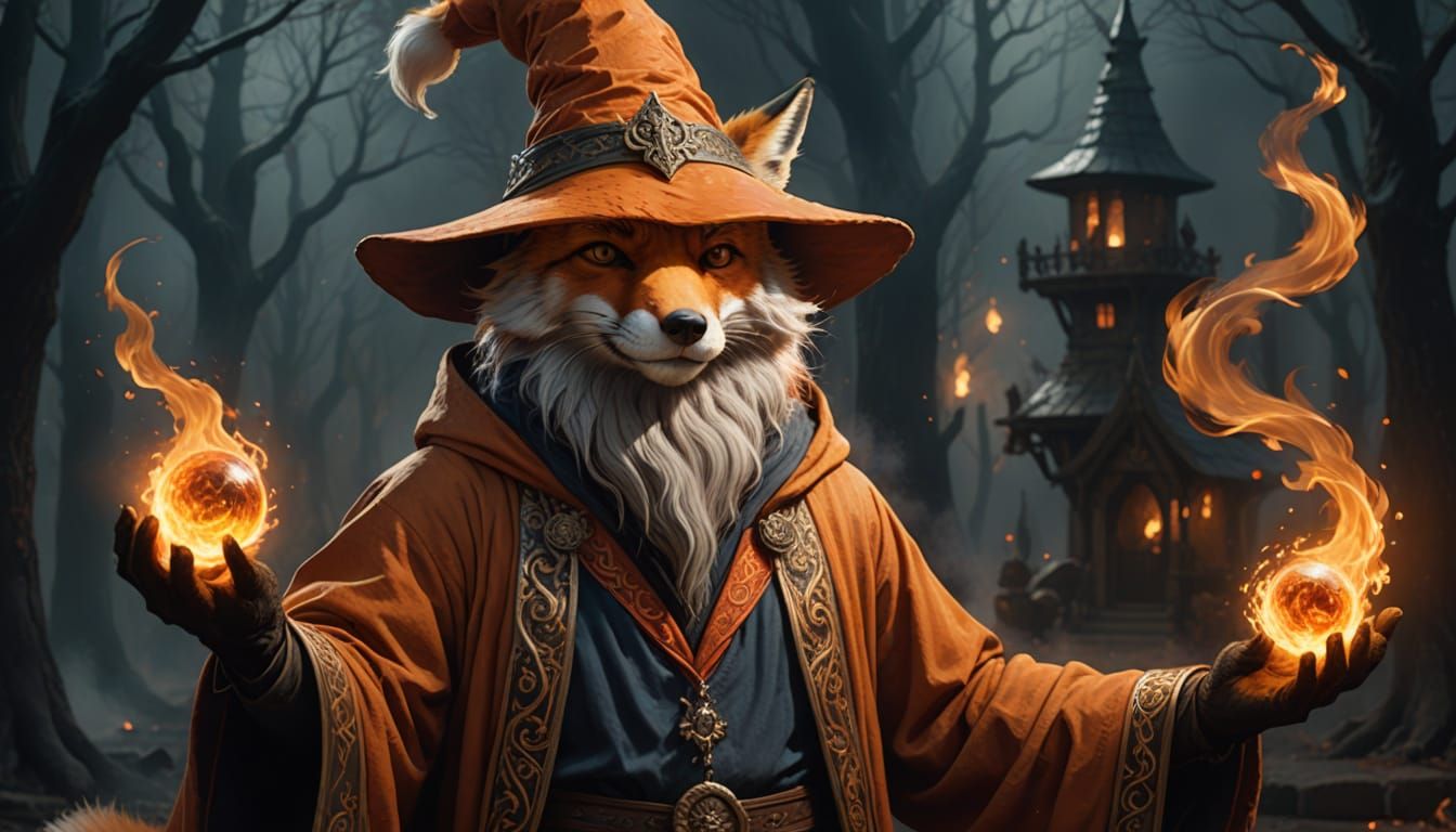 Ancient Wizard Conjures Magic with Fox Companion