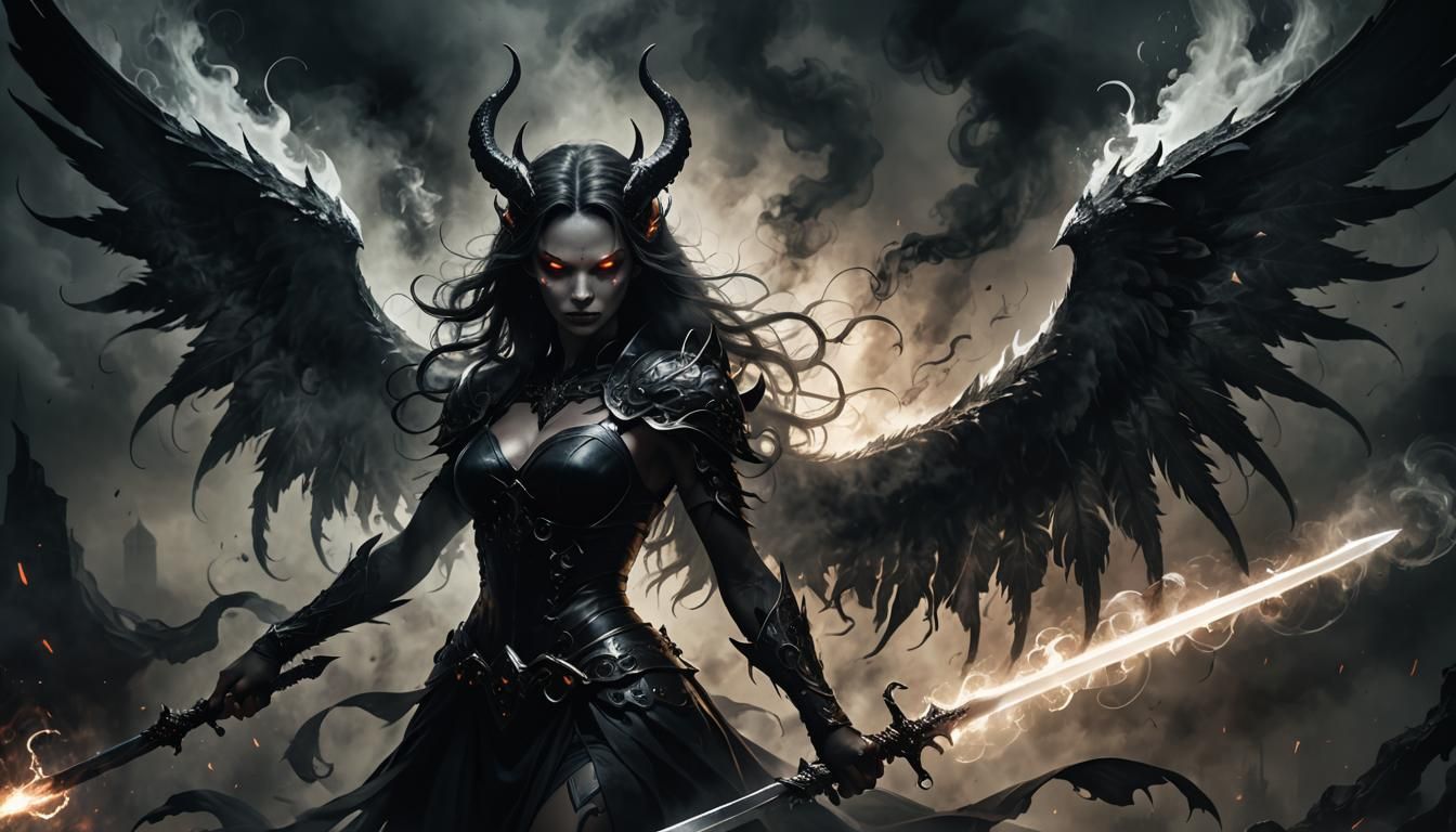 Female Smoke Demon with Sword in Dark Fantasy Art