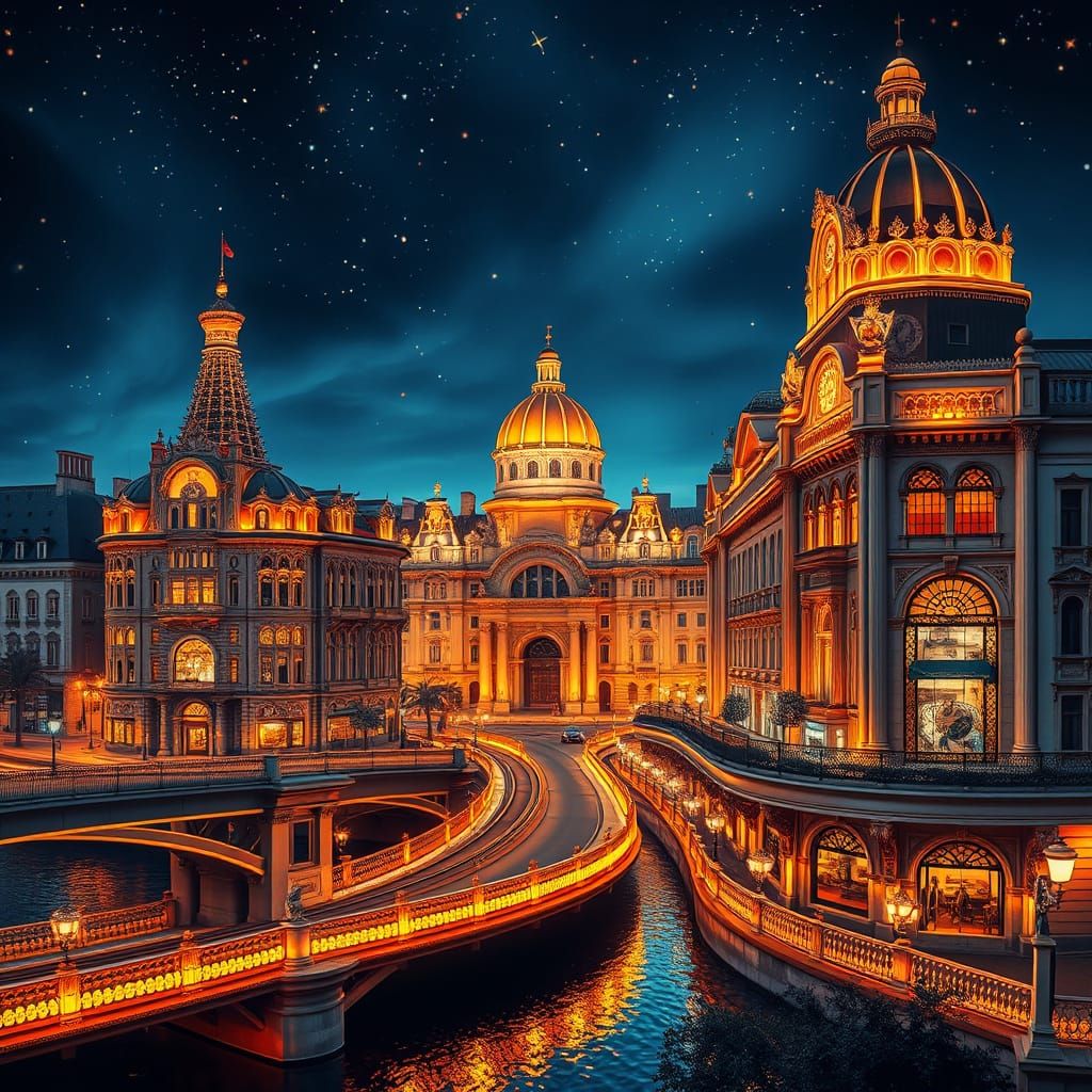 Vibrant Night-Time Metropolis in Art Deco, Art Nouveau, and ...