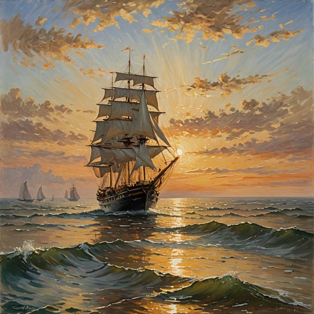 Impressionist Seascape with Sailing Ship at Sunset