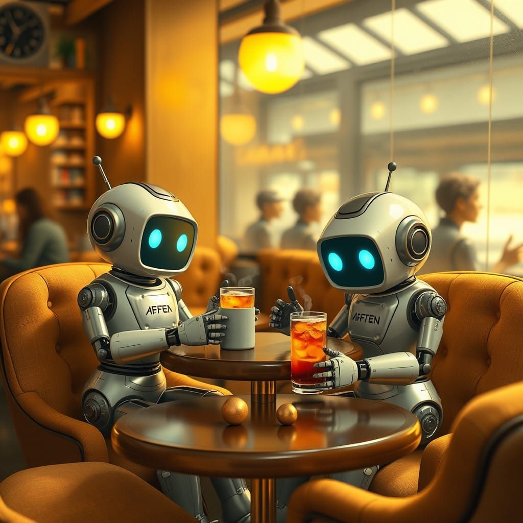 Cute Robots Enjoying Drinks at Cozy Cafe
