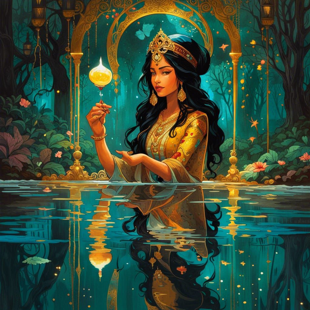 Princess Jasmine and Mirrored Reflection, Digital Watercolor