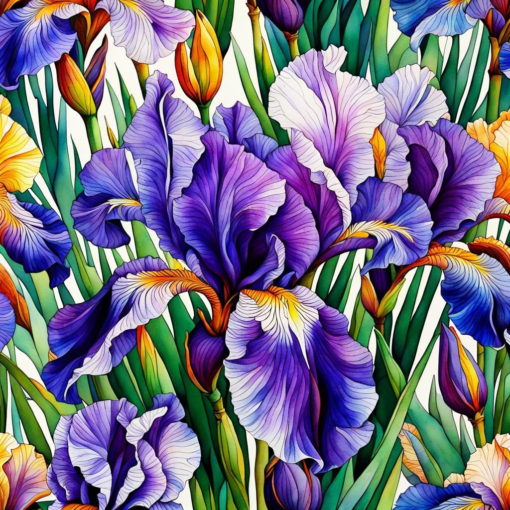 Watercolor Iris with Crackled Texture