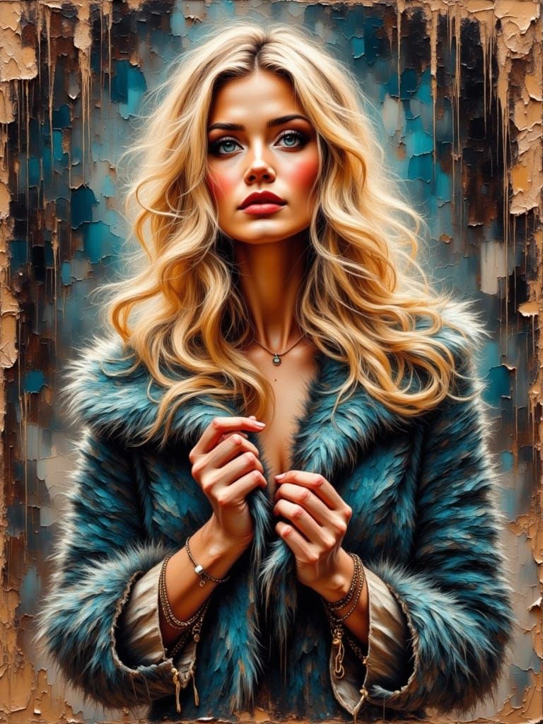 Blonde Woman in Faux-Fur Coat as Impasto Painting