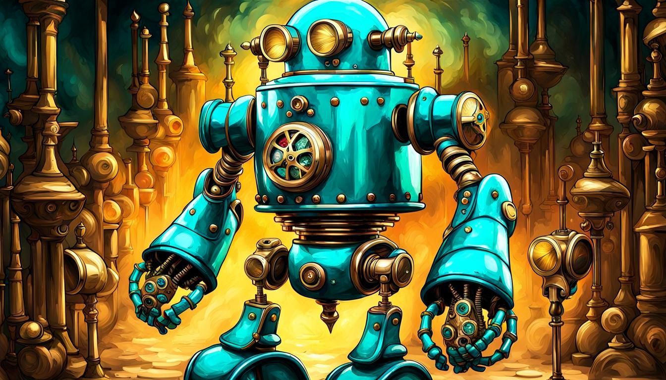 Steampunk Teal Boxing Robot Digital Illustration