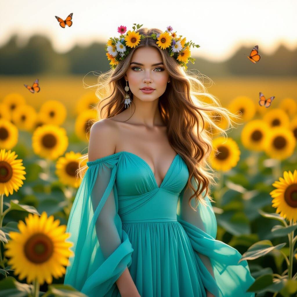 Golden Haired Woman in Sunflower Field, Art Nouveau