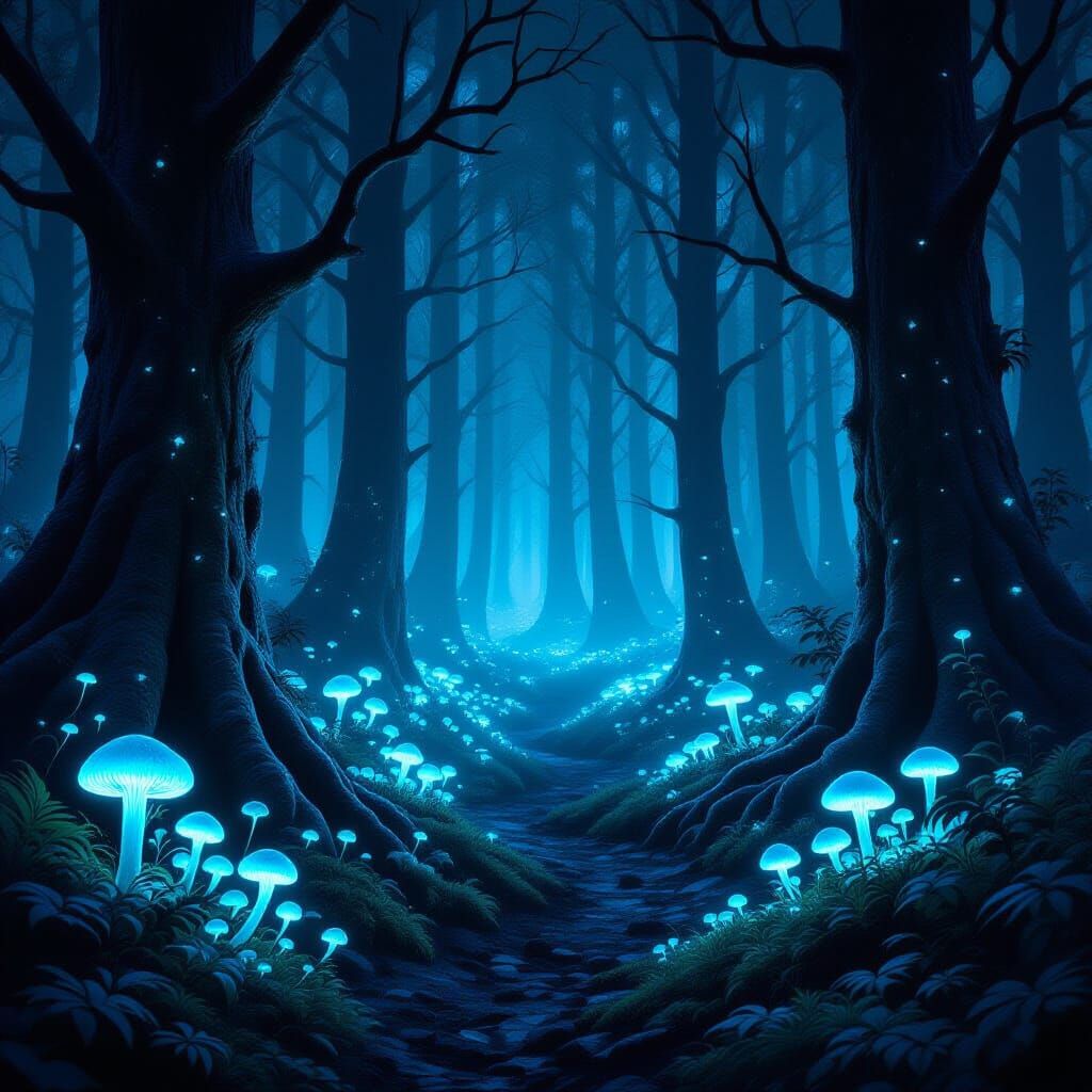 Bioluminescent Forest at Night with Glowing Fungi
