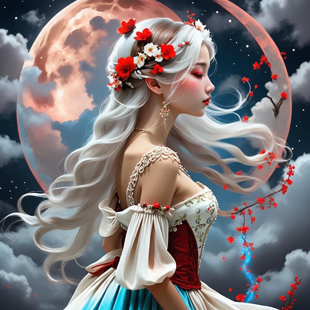 Ethereal Wood Princess Watching the Red Moon