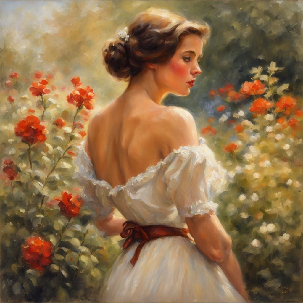 Sensual Woman Smelling Flowers: Impressionistic Oil Painting