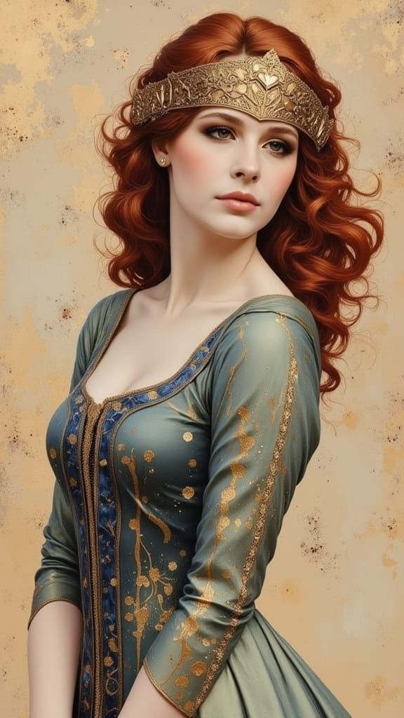 15th Century Lady in Opulent Portrait with Intricate Details...