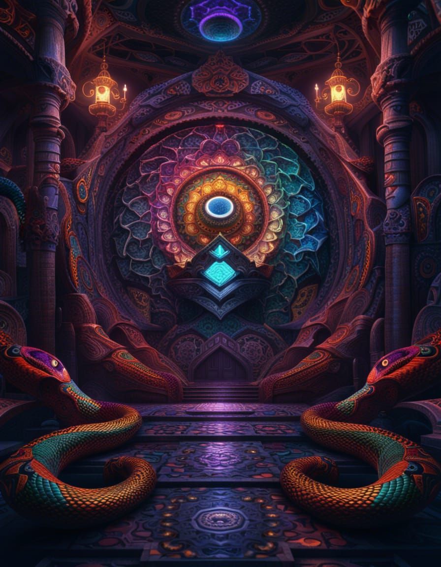 Psychedelic Snakes in Dark Fantasy Temple
